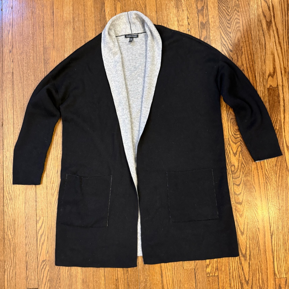 Eileen Fisher Reversible Black Grey Shawl Collar Open Front Cardigan Sweater L - Picture 2 of 4